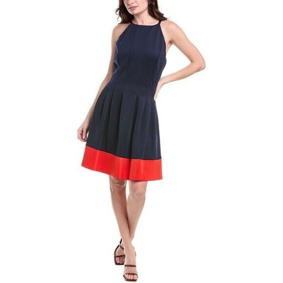 Vince Camuto Fit and Flare Halter Dress Navy Blue & Red Women's Size 14 Pockets - Picture 1 of 8